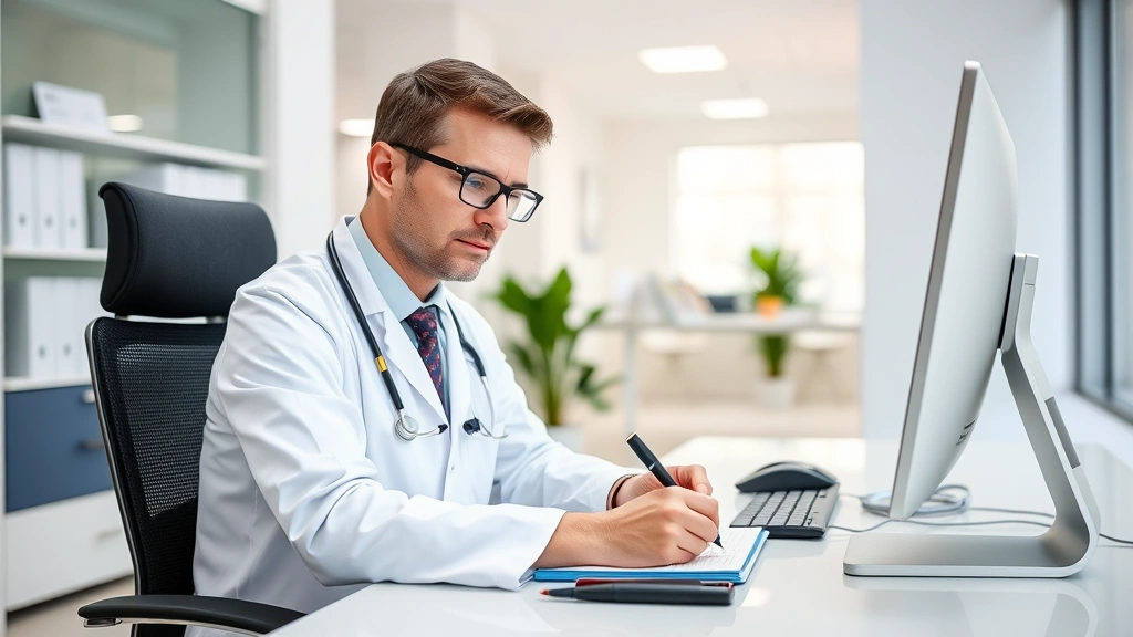 Healthcare provider in white coat writing medical documentation at desk with stethoscope and computer in modern clinic office