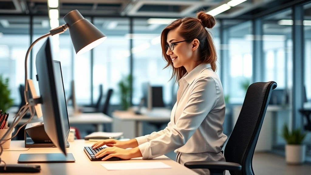 Professional woman at ergonomic workstation desk with proper posture support and adjustable lighting in corporate office