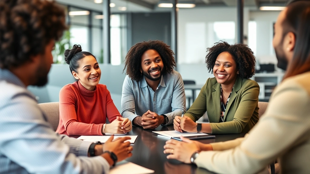 Diverse team in office meeting discussing workplace accommodation with focus on employee wellness and collaboration