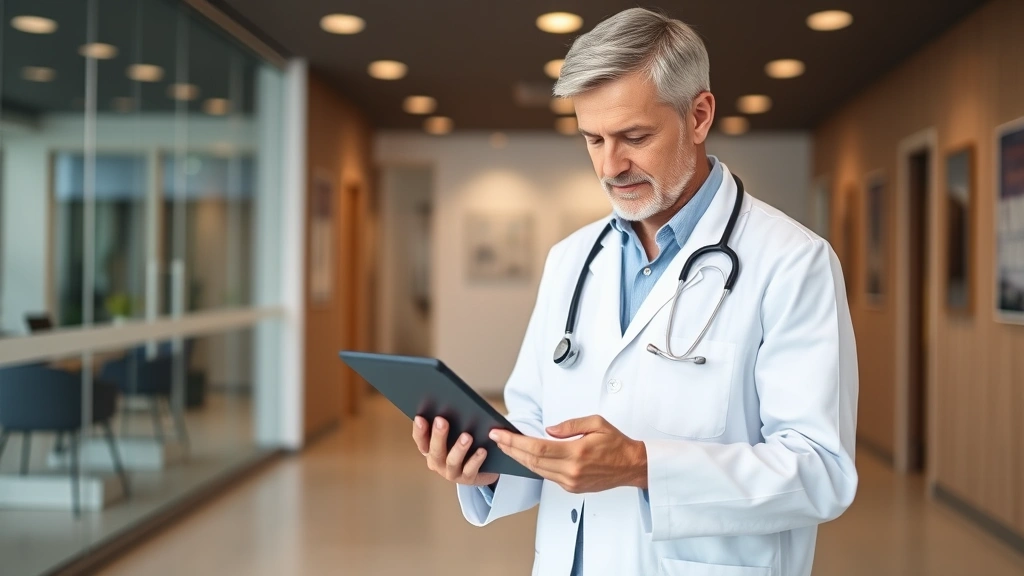Healthcare provider in white coat reviewing medical chart on digital tablet in modern clinic office