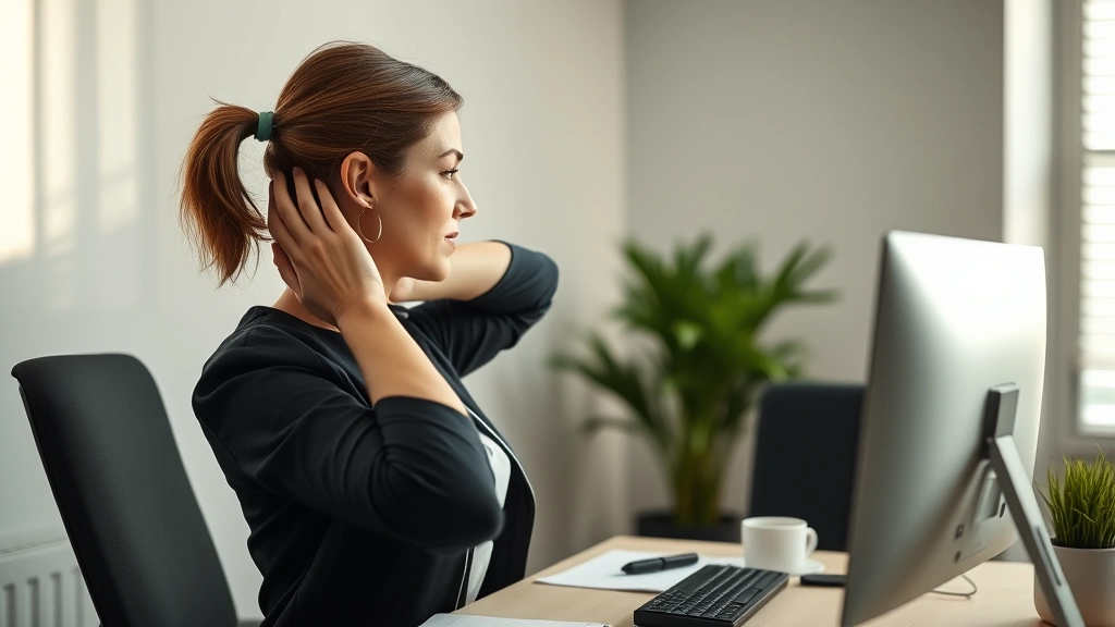 Professional woman at desk stretching neck and shoulders while working on computer during workday