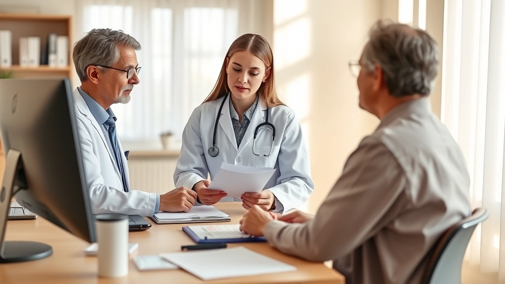 Healthcare provider in white coat reviewing medical documents at desk with patient sitting across, natural office lighting, w