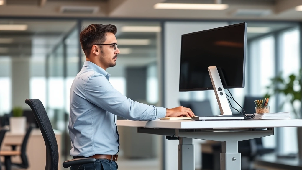 Employee at standing desk workstation with ergonomic setup, adjustable desk height, supportive chair, computer monitor at eye