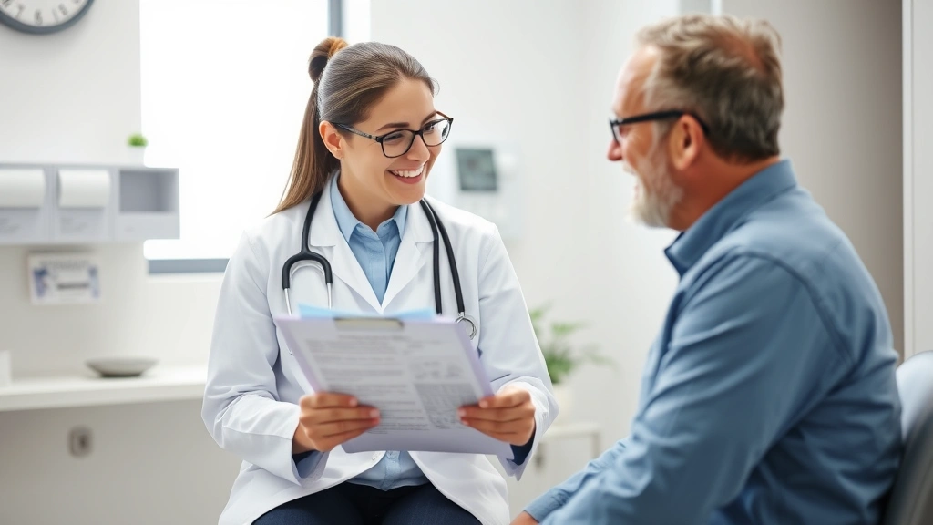 Doctor holding clipboard discussing recovery plan with patient in examination room, both smiling, medical office background,