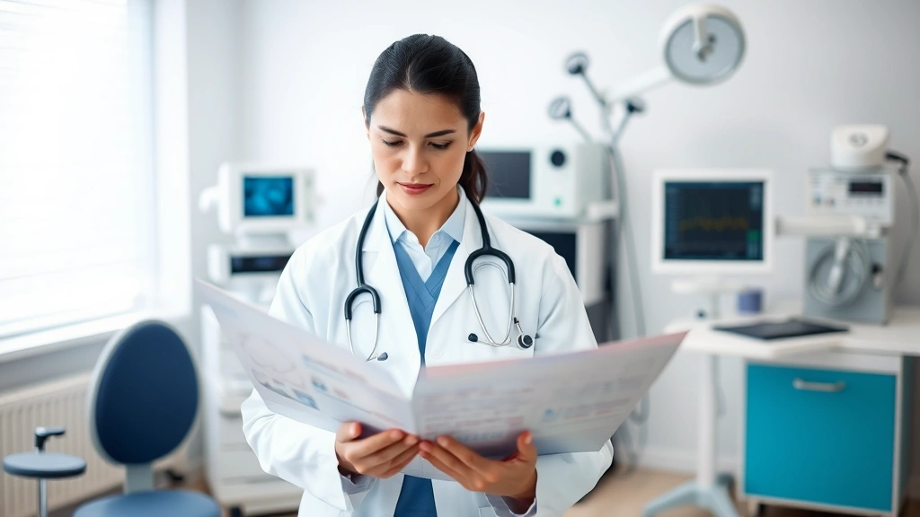 Healthcare professional reviewing patient medical chart in clinical office setting with professional medical equipment visibl
