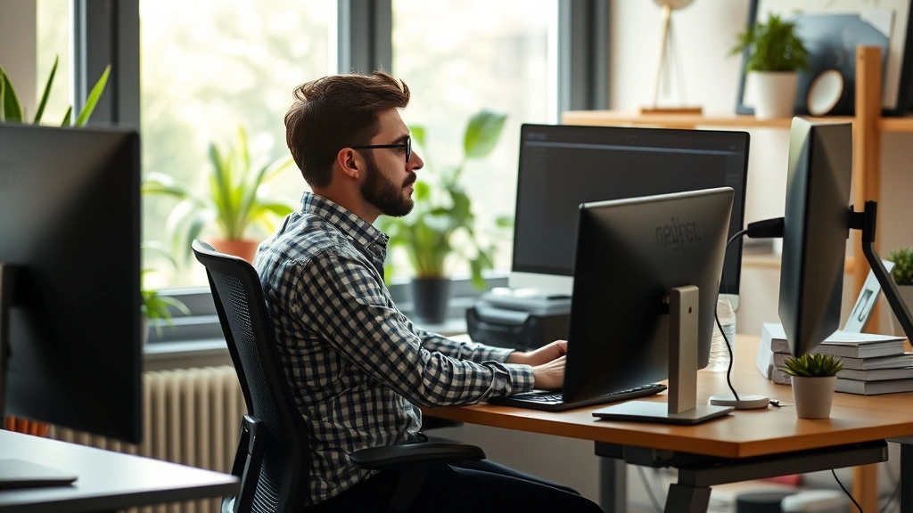 Diverse office worker at ergonomic desk setup with proper posture, natural lighting, comfortable workspace environment for li