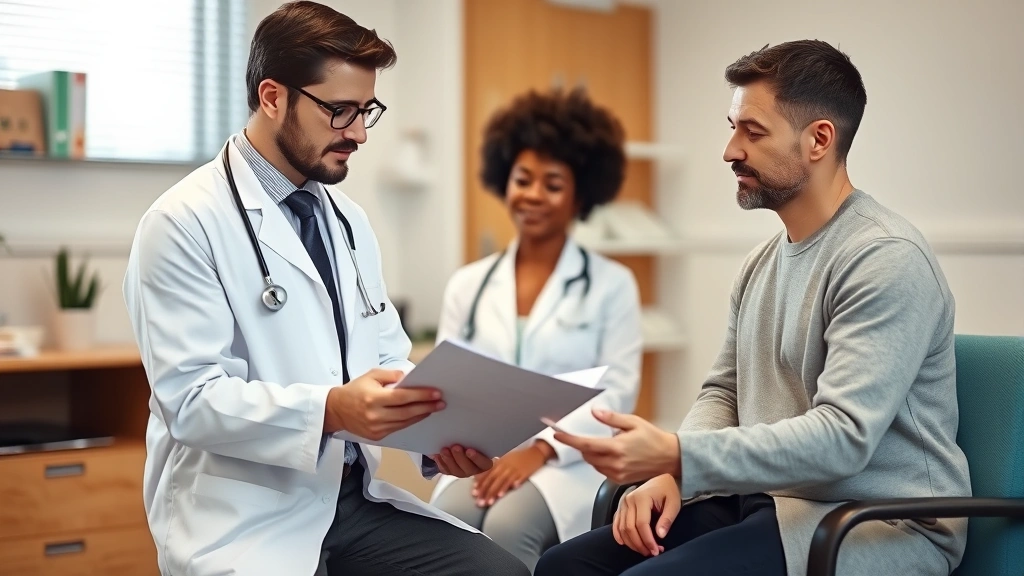Doctor in white coat reviewing medical chart with patient in clinical office setting, warm professional environment