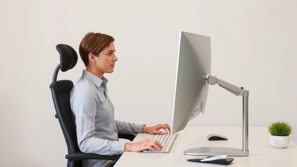 Person at desk with ergonomic setup including cushioned chair, wrist support, and adjustable monitor at proper height