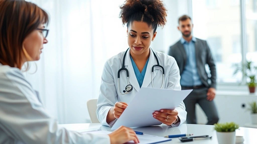 Female healthcare provider in white coat reviewing medical documents at desk in bright modern clinic office with concerned pa