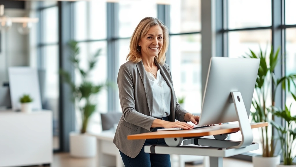 Middle-aged professional woman at ergonomic standing desk in modern office environment with supportive posture and comfortabl