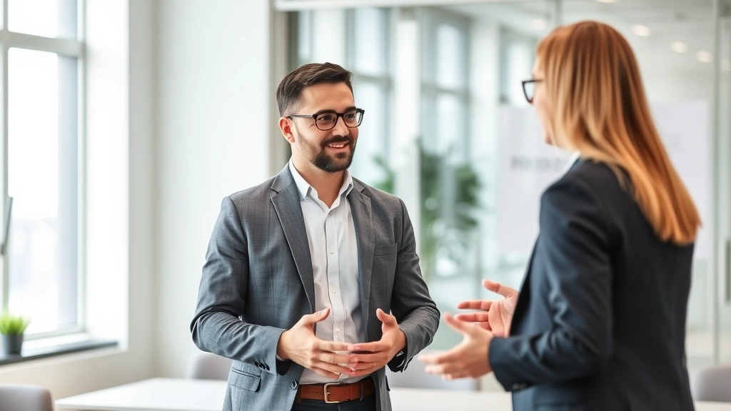 Male employee in business casual attire having positive conversation with HR manager in professional office setting with open