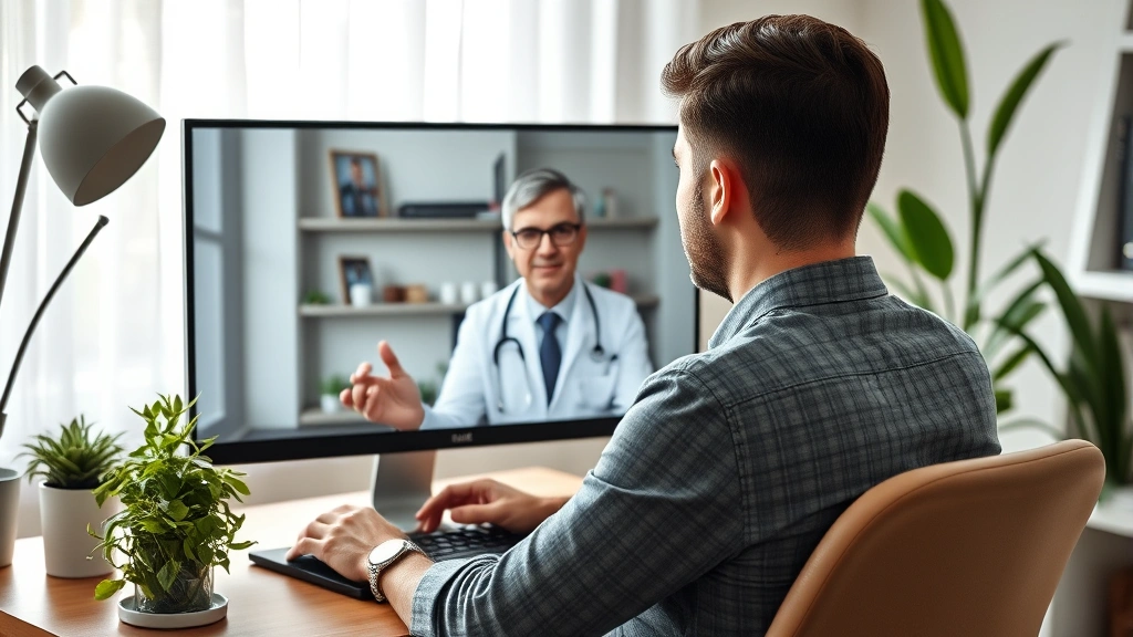 person in home office during video call with doctor on computer screen, professional setting with plants