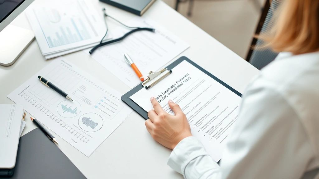 woman at desk with medical documents and light duty note, organized workspace with pen and clipboard