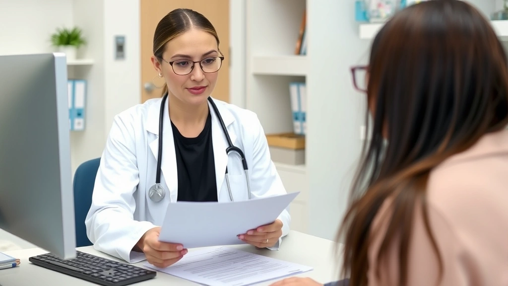 Healthcare provider in white coat reviewing medical documents at desk with patient sitting across from them in clinical offic