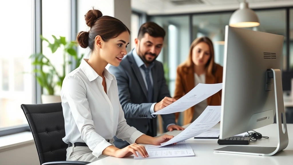 Professional woman at computer desk reviewing accommodation plan paperwork with coworkers collaborating in modern office envi
