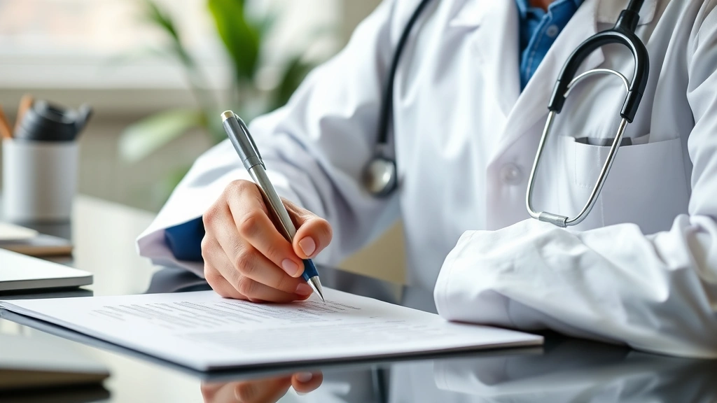 Doctor writing medical notes at desk with stethoscope and pen, focused on documentation for workplace accommodation letter
