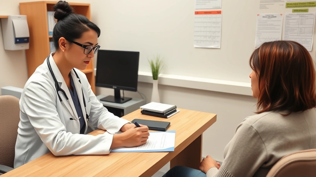Healthcare provider writing medical documentation at desk with patient sitting across from them in clinical office setting