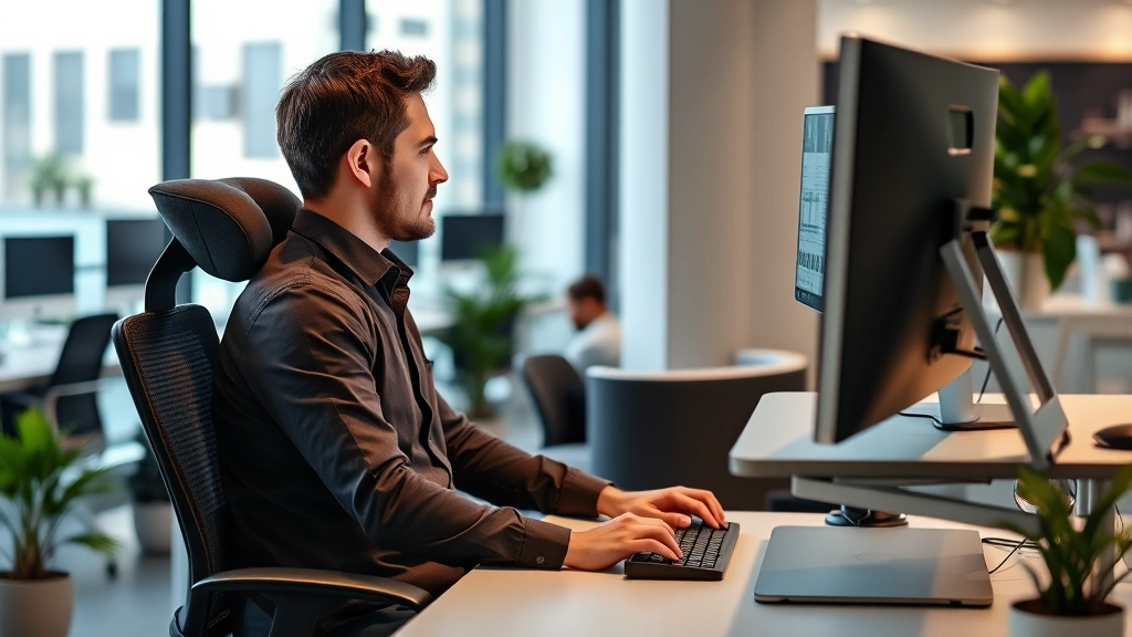 Employee at workstation with ergonomic adjustments like lumbar pillow and standing desk setup in modern workplace