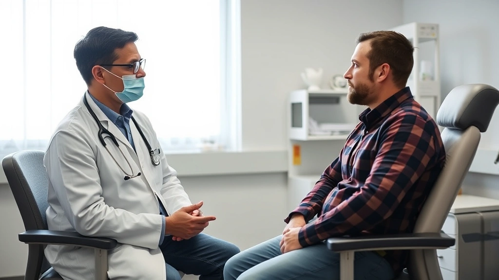 Doctor having discussion with patient about recovery timeline and work restrictions in bright medical examination room