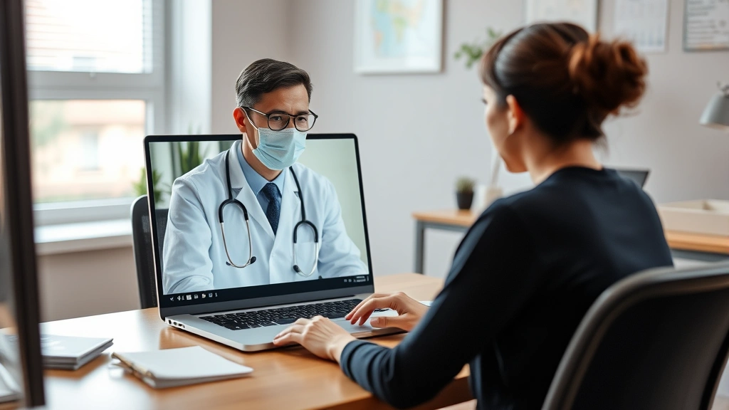 Healthcare professional in medical office conducting video consultation on laptop computer with patient