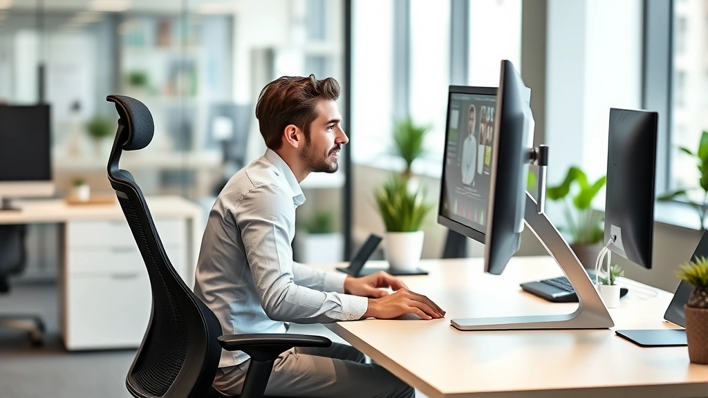 Employee working at ergonomic desk setup with adjustable monitor stand and supportive chair in modern office