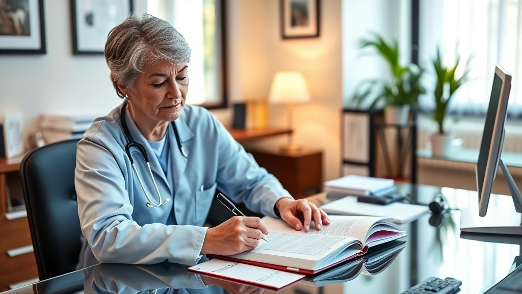 Healthcare provider writing medical documentation at desk, licensed professional office setting, warm lighting, stethoscope v