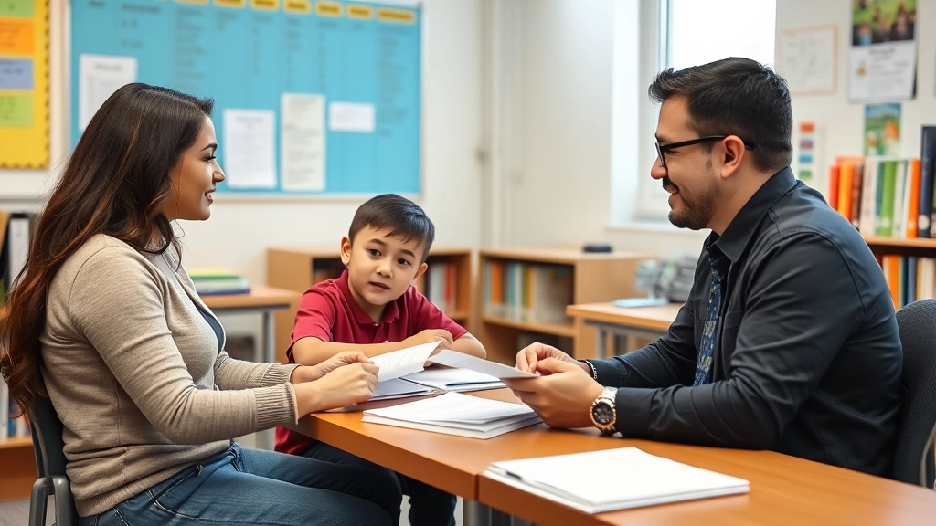 Parent and student meeting with school administrator in office, reviewing documents together, collaborative atmosphere, educa