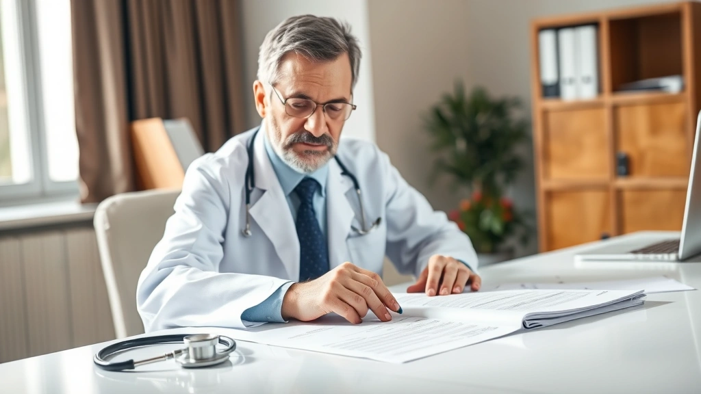 Doctor in white coat reviewing medical documents at desk with stethoscope nearby natural lighting