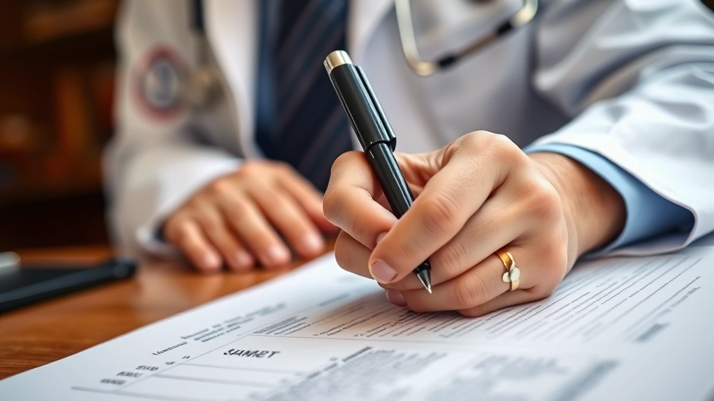 Close-up of doctor signing official medical document with pen at desk with credentials visible