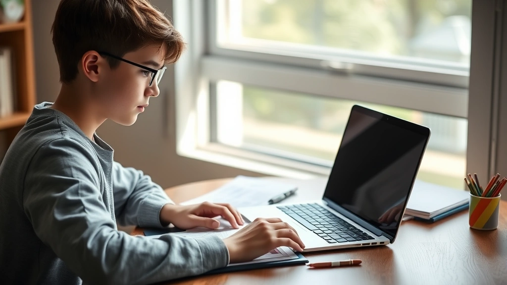 Student studying at desk with laptop and medical documentation on clipboard, natural daylight, calm and focused expression