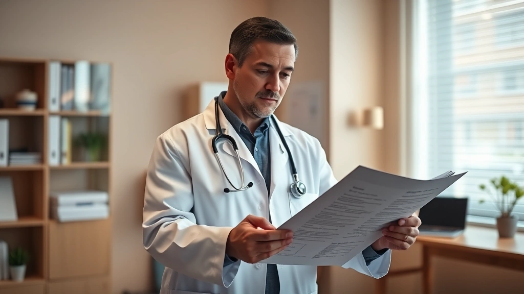 Healthcare provider in white coat reviewing patient chart with stethoscope, professional office setting, warm lighting