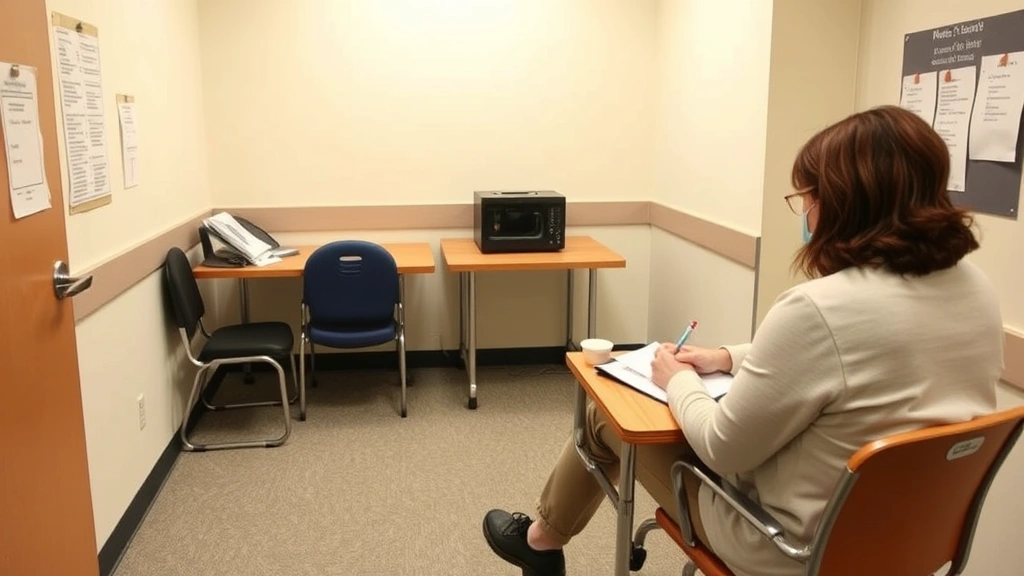 Student sitting in quiet separate exam room with proctor, taking test with accommodations, peaceful testing environment
