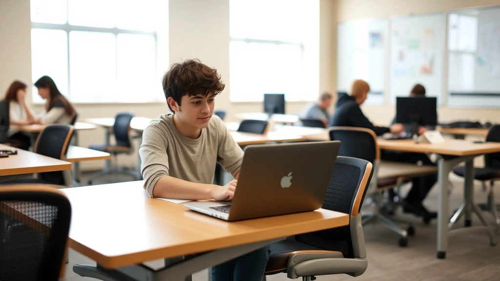 Student with laptop studying in accessible classroom with natural light and ergonomic setup