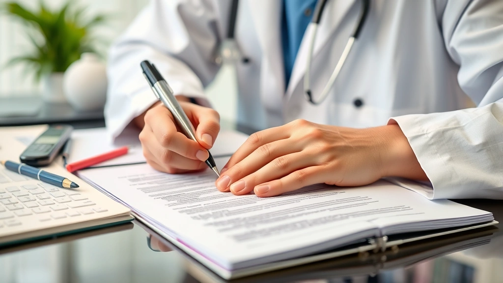 Healthcare provider writing clinical notes at desk with medical records and documentation materials