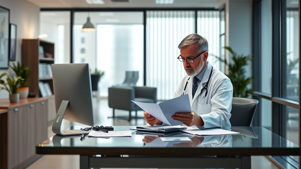 Professional doctor in white coat reviewing medical documents at desk in modern clinic office
