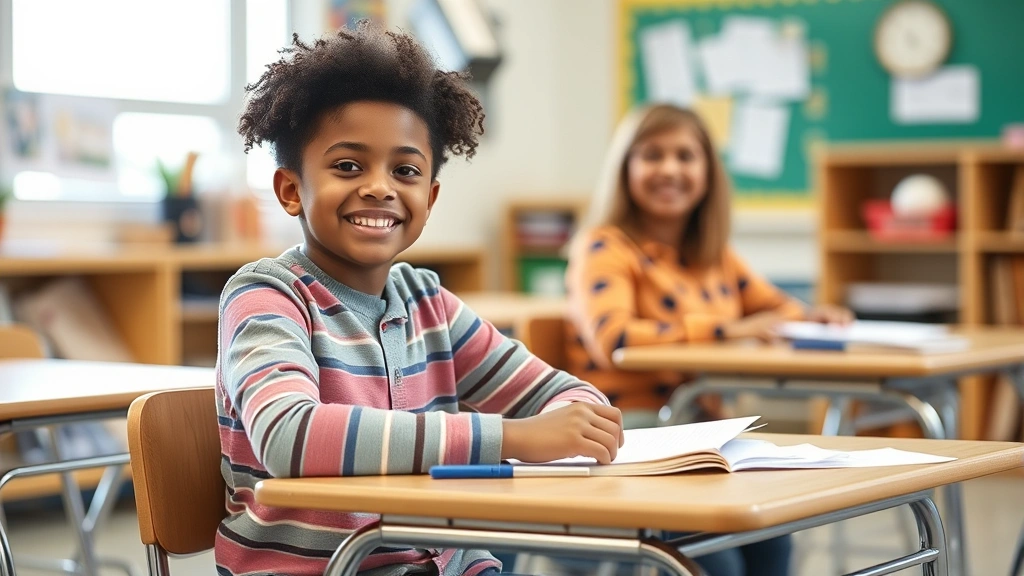 Student with diverse background sitting at school desk with accommodations materials and supportive teacher nearby