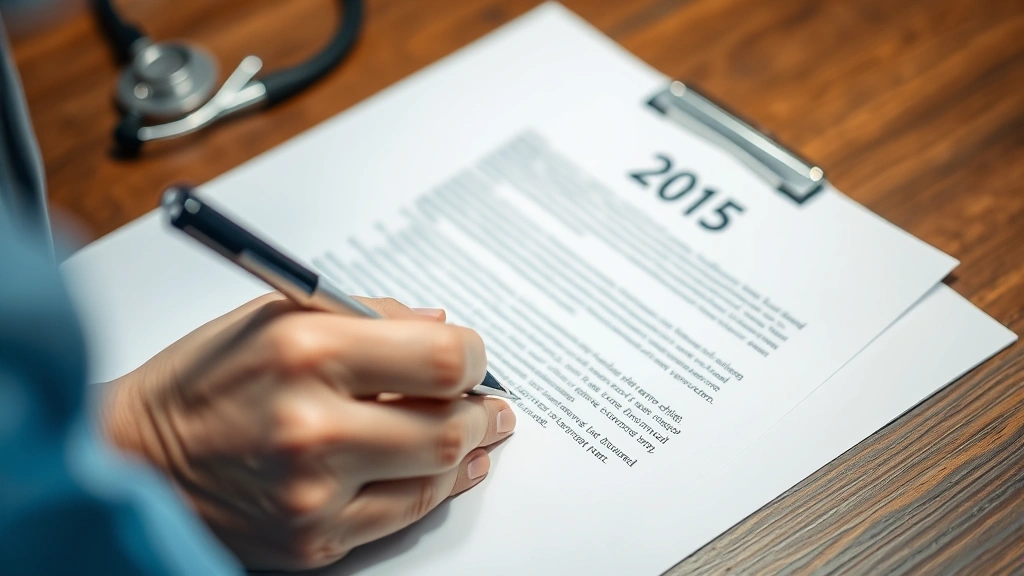 Close-up of healthcare provider signing medical documentation on official letterhead with pen