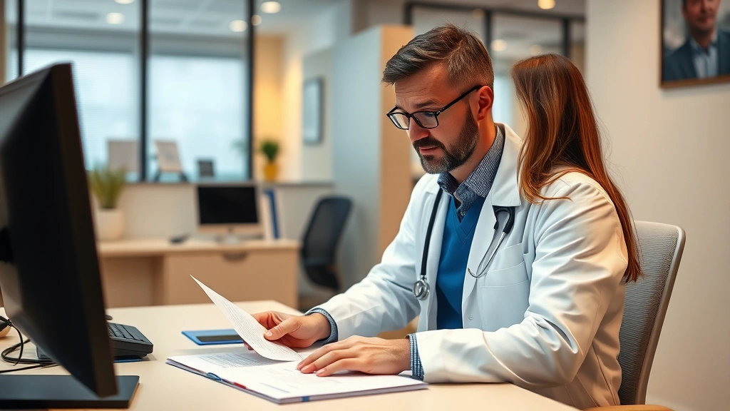 Healthcare provider in white coat reviewing medical documentation at desk with computer, professional office setting, warm li