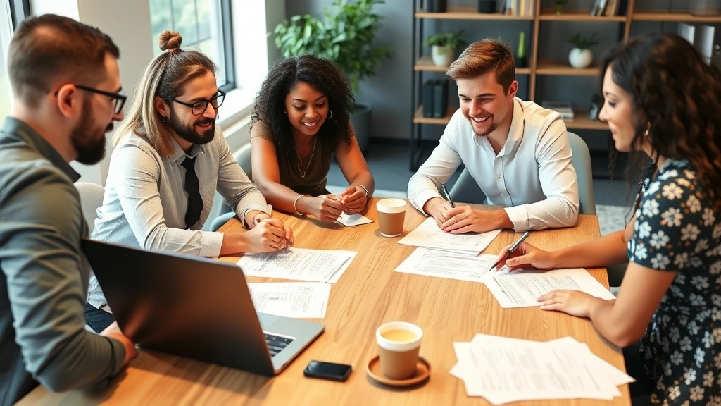 Diverse office employees collaborating at table with laptop, documents, and coffee cups, inclusive workplace environment