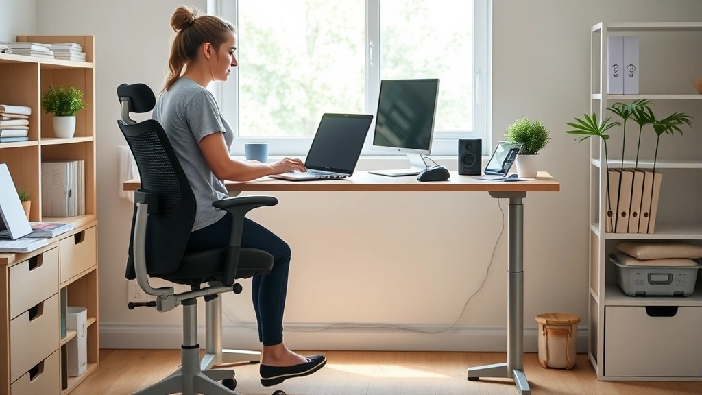Woman with accessibility needs working at ergonomic standing desk with supportive chair, natural window light, organized work