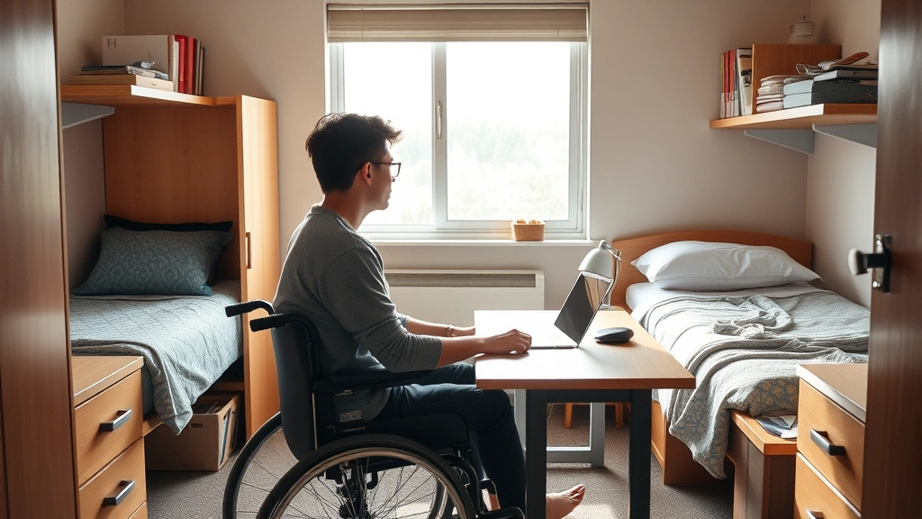 Student sitting at desk in accessible dorm room with single bed and natural light from window, peaceful calm environment
