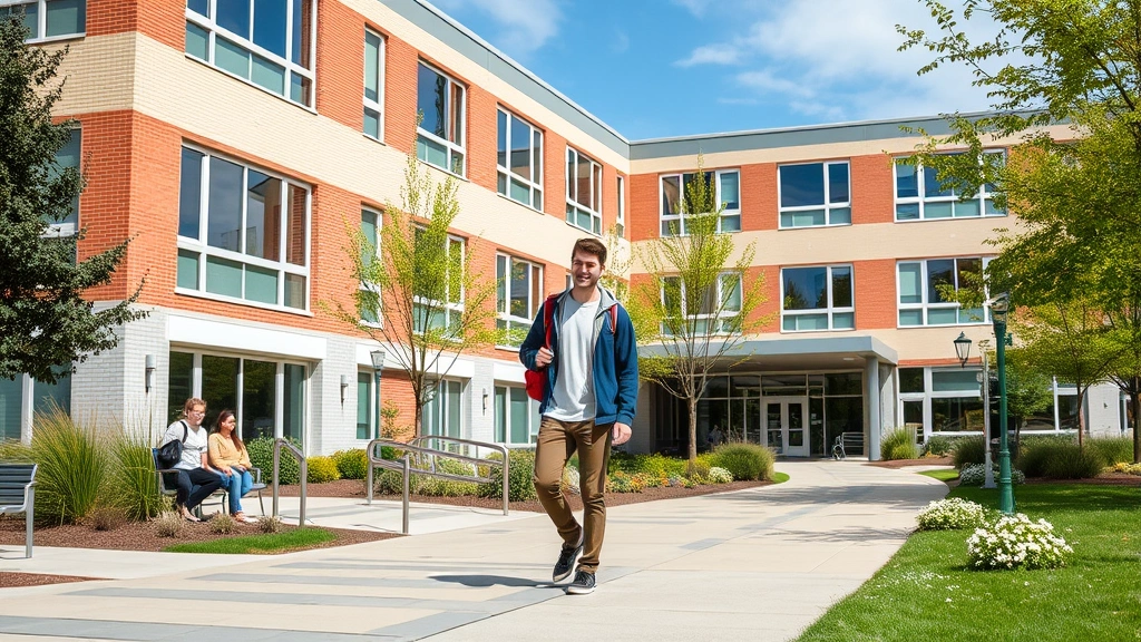 Diverse college student walking across campus with backpack near modern dormitory building with accessible ramp entrance