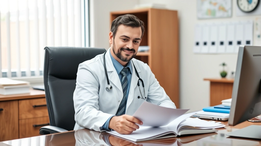Healthcare provider sitting at desk reviewing medical documents with professional demeanor in clinical office setting