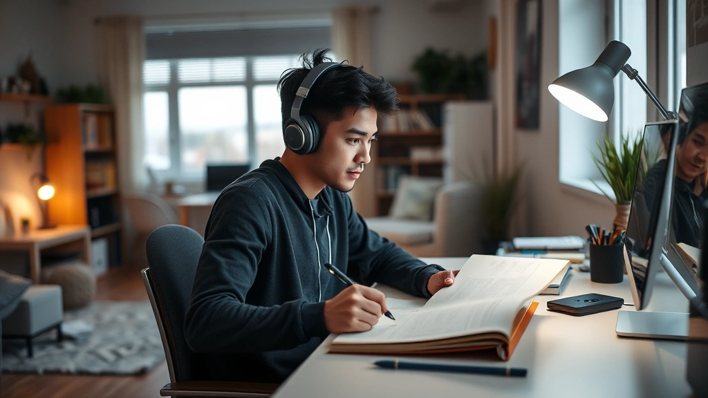 Diverse student sitting at desk studying with headphones, appearing focused and calm in well-lit apartment environment