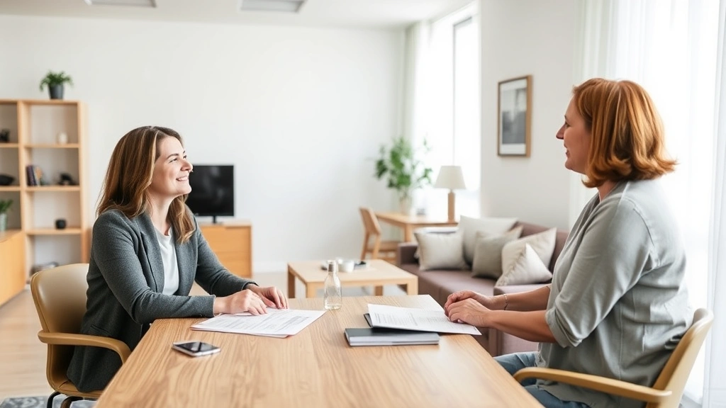 Two people having respectful conversation in bright, accessible apartment space with documents on table between them