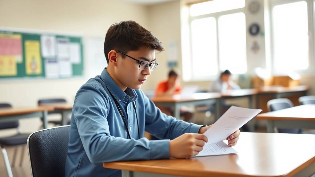 Student sitting at desk with teacher reviewing medical documentation letter in bright classroom setting