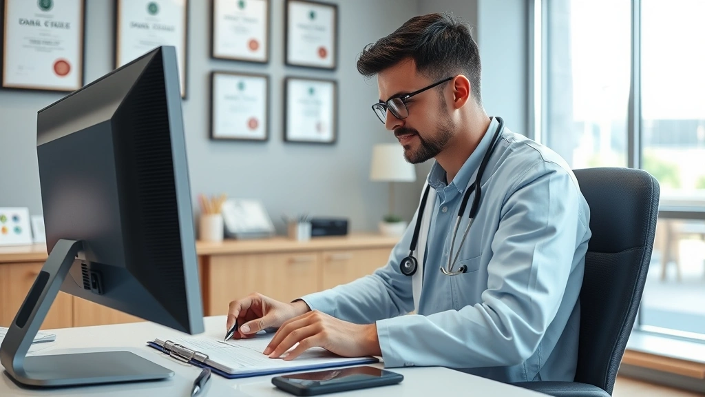 Healthcare provider writing detailed medical notes at computer in modern clinic office with diplomas on wall