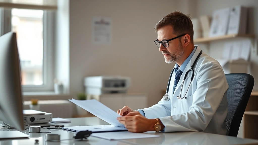 Licensed doctor in white coat reviewing medical documentation at desk with stethoscope and computer, professional healthcare