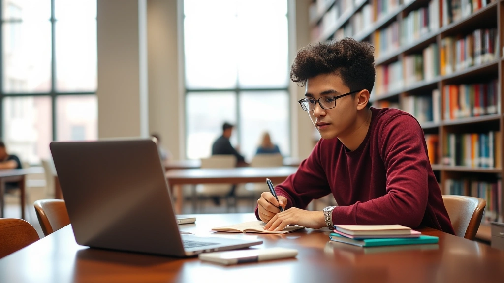 Student with diverse background studying at library table with laptop and notes, focused and engaged in academic work