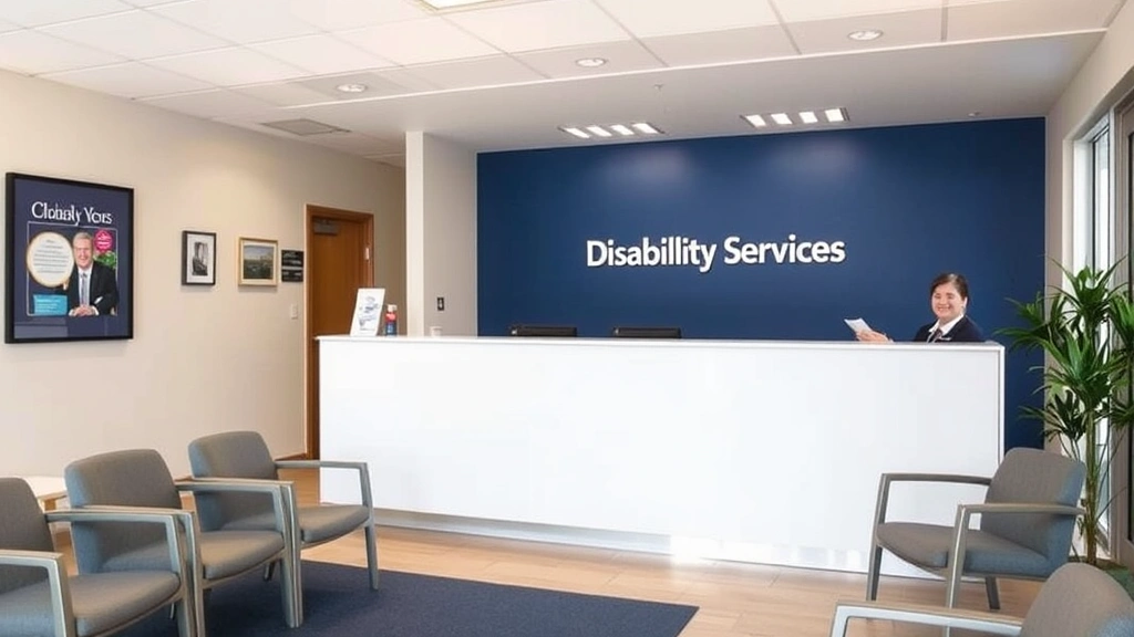Disability services office reception area with welcoming staff member at desk, professional and accessible environment with a